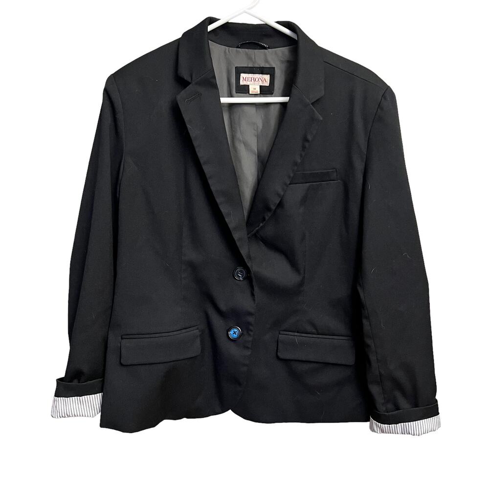 MERONA Black Button Up Blazer Striped Cuffs Size 14 - Picture 3 of 14